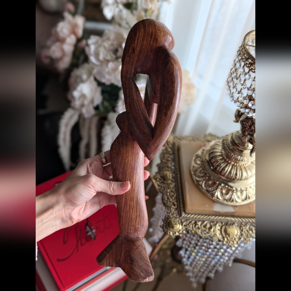 Contemplative Wooden Sculpture Thinking Solid Wood Vintage Contemporary - Picture 4 of 5